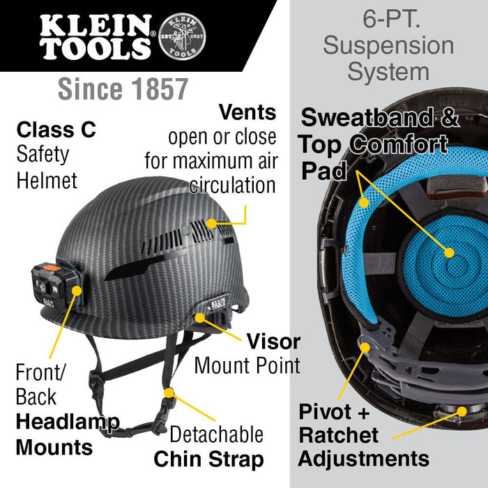 Klein Tools 60517 Safety Helmet, Vented Class C with Rechargeable Lamp and Chin Strap, Premium KARBN Pattern, Adjustable Vents