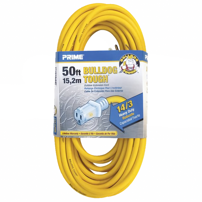 Prime Wire & Cable LT511730 50' 14/3 SJTOW Bulldog Tough Extension Cord with PrimeLight Indicator Light, Yellow