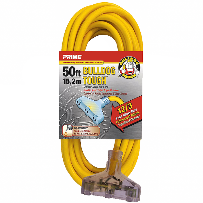 Prime Wire & Cable LT611830 50' 12/3 SJTOW Bulldog Tough Heavy Duty Triple-Tap Extension Cord with Prime Light Indicator Light, Yellow