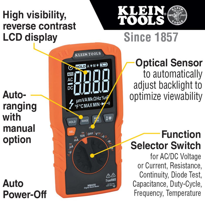 Klein Tools MM450 Multimeter, Slim Digital Meter, Auto-Ranging TRMS, 600V AC/DC Voltage, Current, Resistance, Temp, Frequency, Continuity