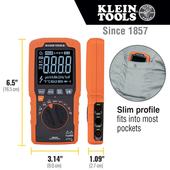 Klein Tools MM450 Multimeter, Slim Digital Meter, Auto-Ranging TRMS, 600V AC/DC Voltage, Current, Resistance, Temp, Frequency, Continuity