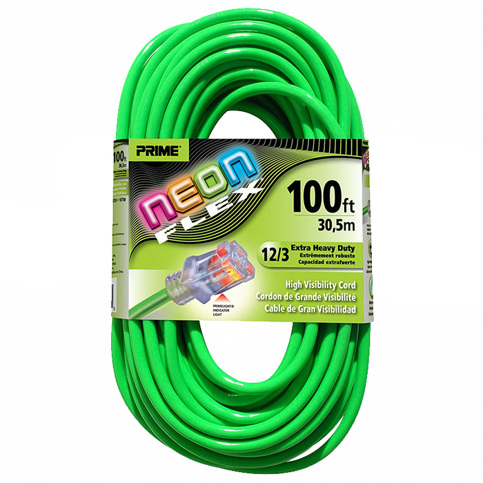 Prime Wire & Cable NS512835 100' 12/3 SJTW Flex High Visibility Extra Heavy Duty Outdoor Extension Cord with Prime light Indicator Light, Neon Green
