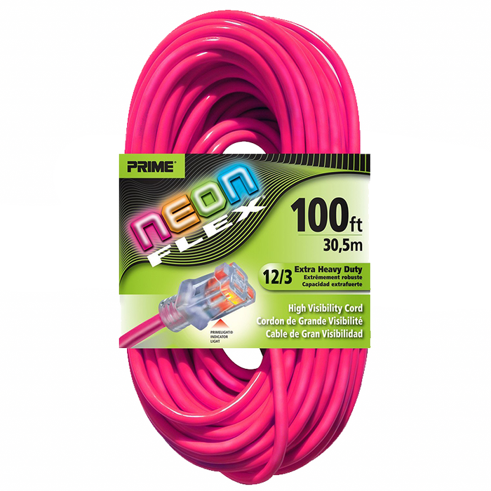 Prime Wire & Cable NS513835 100' 12/3 SJTW Flex High Visibility Extra Heavy Duty Outdoor Extension Cord with Prime light Indicator Light, Neon Pink