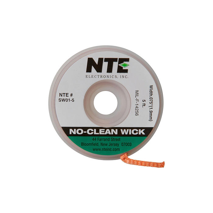 NTE Electronics SW01-5 No-Clean Solder Wick #3 Green, .075" Width 5' Length