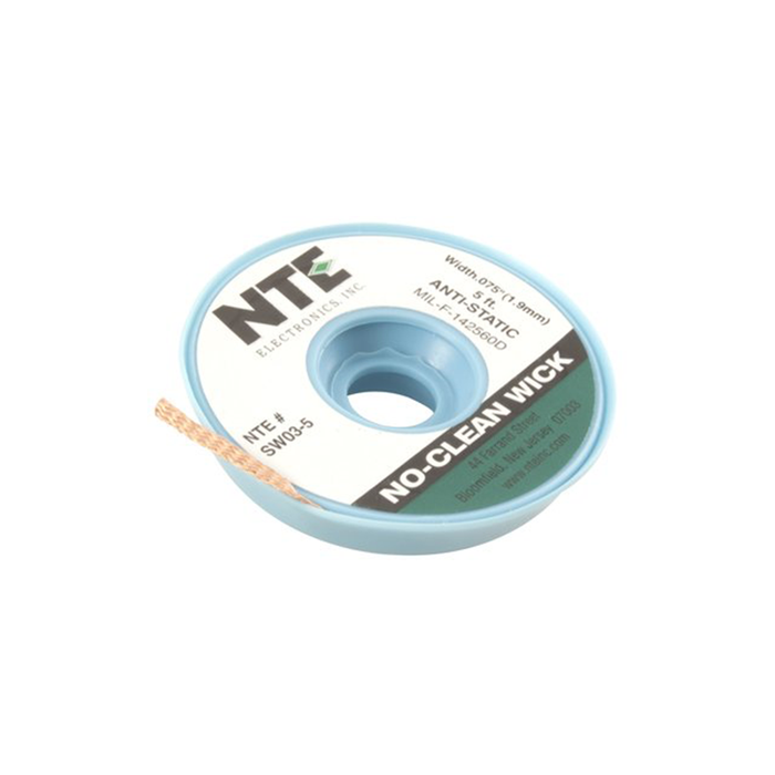NTE Electronics SW03-5 No-Clean Solder Wick with Anti-Static Bobbin #3 Green .075" Width 5' Length