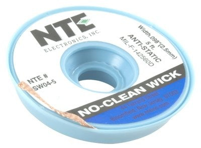 NTE Electronics SW04-5 No-Clean Solder Wick with Anti-Static Bobbin #4 Blue .098" Width 5' Length