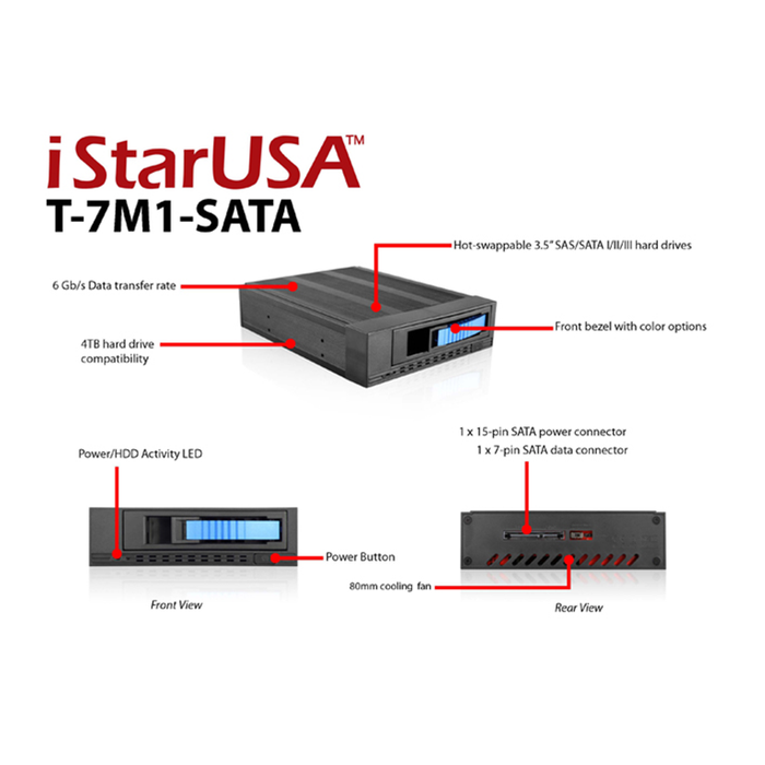 iStarUSA T-7M1-SATA-RED 5.25" to 3.5" 2.5" SATA SAS 6 Gbps HDD SSD Hot-swap Rack