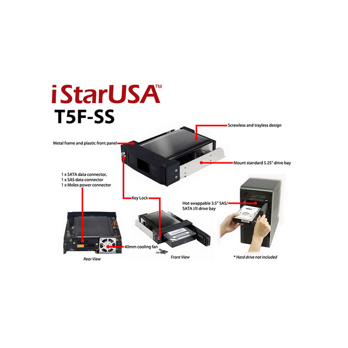 iStarUSA T5F-SS Trayless 5.25" to 3.5" SAS SATA HDD Anti-vibration Hot-swap Rack