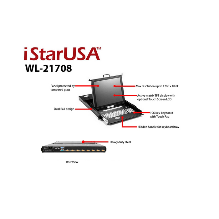 iStarUSA WL-21708 1U Rackmount 17" TFT LCD Keyboard Drawer with Built-in 8-port KVM