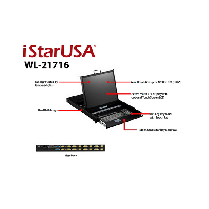 iStarUSA WL-21716 1U Rackmount 17" TFT LCD Keyboard Drawer with Built-in 16-port KVM