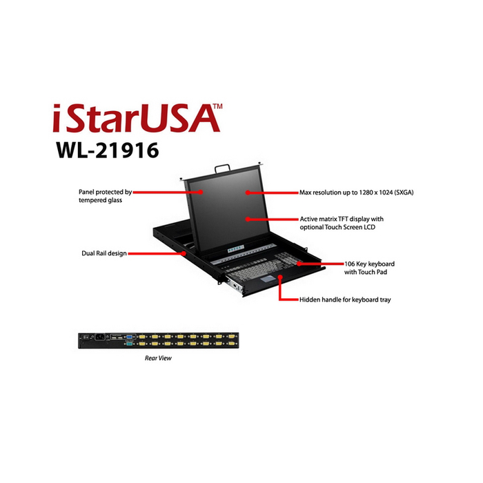 iStarUSA WL-21916 1U Rackmount 19" TFT LCD Keyboard Drawer with Built-in 16-port KVM